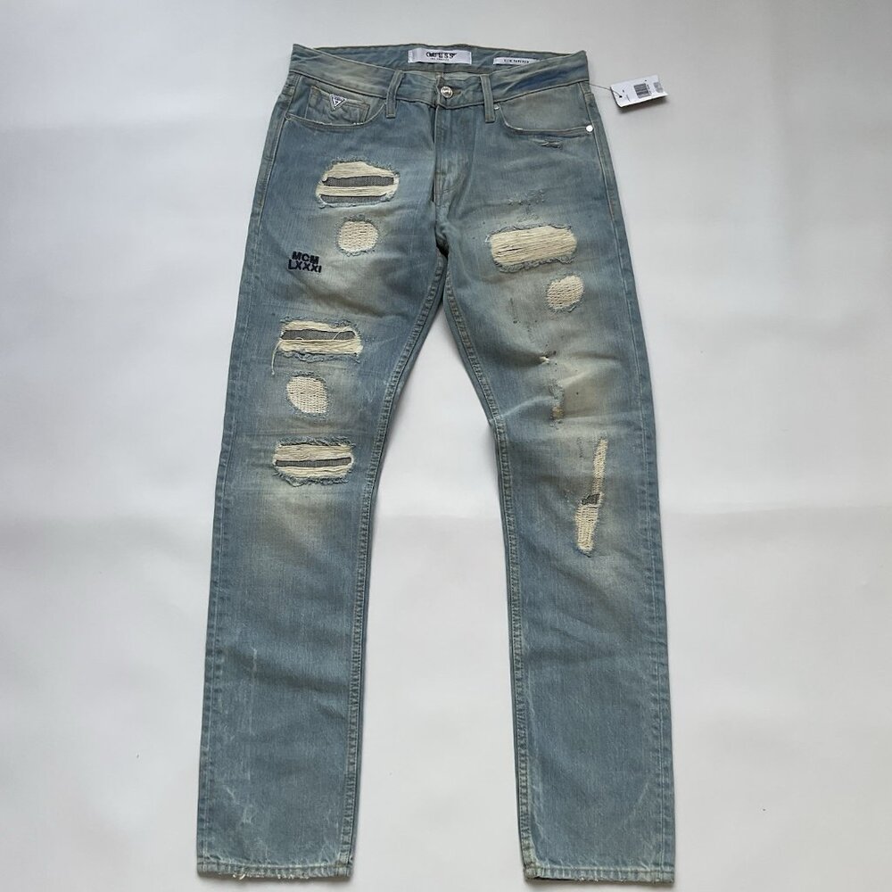 Guess Men's Slim Tapered Blue Jeans Destroyed & Repaired Patched Details Size 29